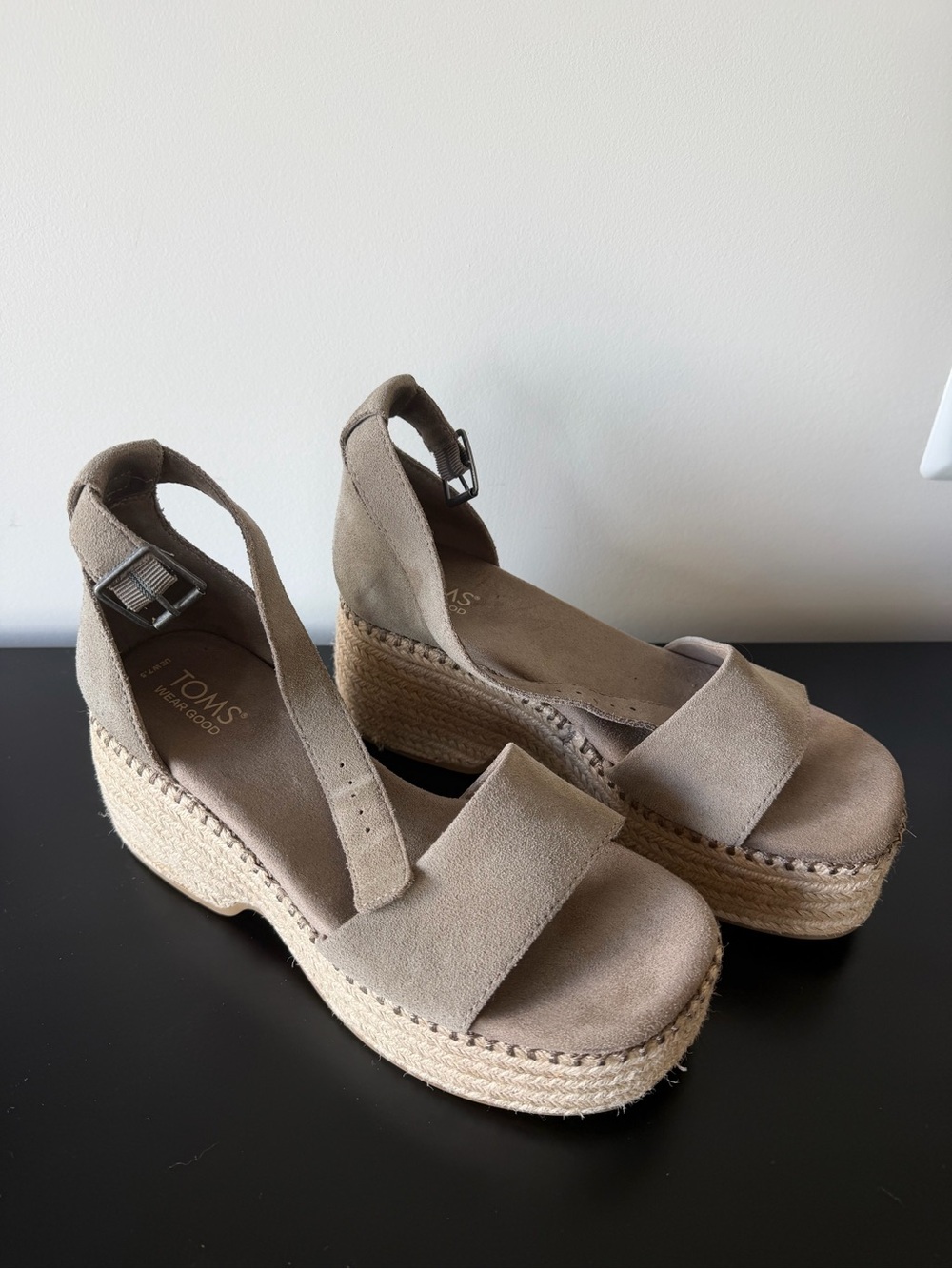 TOMS Taupe Suede Espadrille Platform Wedge Sandals